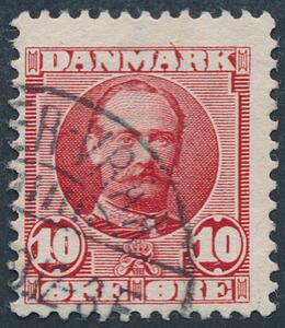 1907. Fr. VIII, 10 øre, rød. Variant Streg mellem A og R