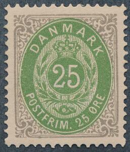 1875. 25 øre, grågrøn. Smukt postfrisk mærke