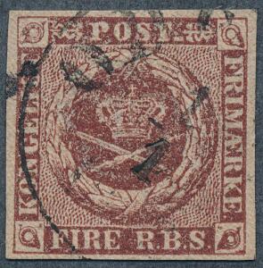 1852. 4 RBS Thiele I, rødbrun. Annulleret med BYSTEMPEL ODENSE 11. Sjældent. Attest Nielsen.