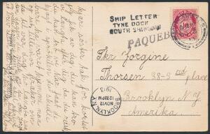 1913. 10 øre, Posthorn, rød. Postkort til USA, annulleret SOUTH-SHIELDS NO 3 13, liniestempel PAQUEBOT og SHIP LETTER TYNE DOCK SOUTH SHIP...