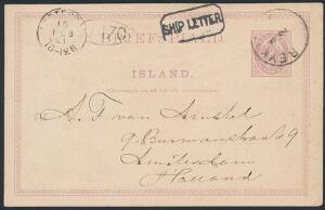 1891. 8 aur, lilla. Helsag sendt med SKIB til HOLLAND, stemplet i REYKJAVIK 4.2 og rammestempel SHIP LETTER. Sjælden forsendelse.