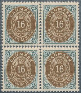 1895. 16 øre, gråbrun, tk.12. Smuk, velcentreret ubrugt 4-BLOK, med 3 postfriske mærker.