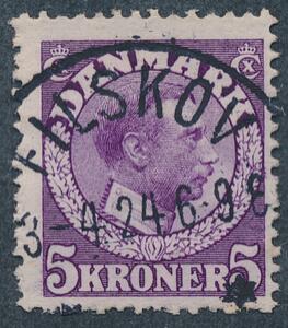 1920. 5 kr. rødviolet, Chr. X. Pragtstemplet mærke FILSKOV 3.4.24.