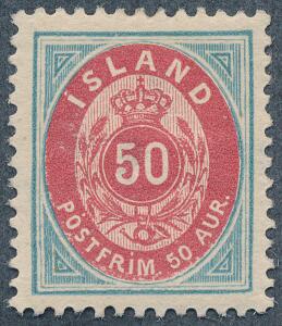 1898. 50 Aur, blårød. Tk.12. Pænt ubrugt mærke. Facit 4000