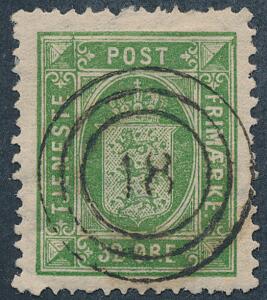 1875. 32 øre, grøn. PRAGT-mærke med retvendt nr.stempel 18 Frederiksborg.