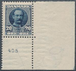 1907. Fr. VIII, 20 øre blå. Postfriskt enkeltmærke med lille oplagsnummer 405. Sjældent