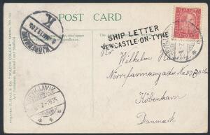 1902. Chr.IX. 10 aur, rød. SKIBS-kort til Danmark, stemplet i REYKJAVIK 4.7.1905. Sort liniestempel SHIP LETTER NEWCASTKLE-ON-TYNE.