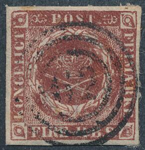 1852. 4 RBS Thiele I, rødbrun. Plade 1, pos.1 HAKMÆRKET. Flot mærke med retvendt nr.stempel 62 Sakskjøbing.