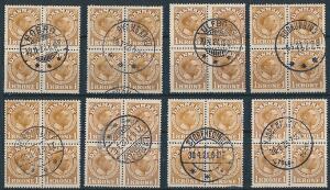 1913. Chr. X, 1 kr. Gulbrun. Planche med 8 pænt stemplede 4-blokke fra forskellige postkontorer