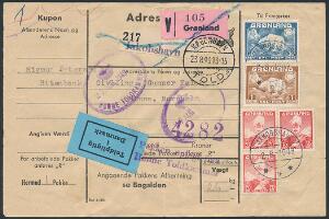1949. Adressekort med bl.a. Isbjørn 30 øre og 1 kr, sendt fra JACOBSHAVN 2.8.1949 til Rønne, bornholm. Lodret fold