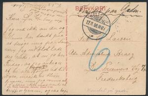 1908. Brevkort med påtegning FUNDET PÅ GADEN  Sat i strafporto. Usædvanligt