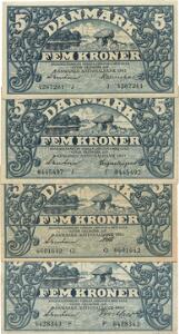 5 kr 1940 F, 1942 G, 1942 J, 1943 J, Sieg 102, DOP 123, Pick 30, 4 stk. med forskellige underskrifter