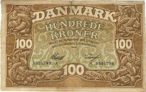 100 kr 1928 A, Nr. 5305799, V. Lange Pugh, Sieg 109, DOP 116, Pick 23, repareret rift
