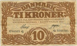 10 kr 1921 G, V. Lange  Gregersen, Sieg 103, DOP 114, Pick 21