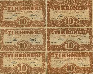 10 kr 1917 C, 1919 F, 1922 H, 1925 J, 1925 K, 1925 L, Sieg 103, DOP 114, Pick 21, i alt 6 stk.