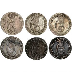 Norge, Christian VII, 2 skilling 1779, 1782, 1784, 1786, 1787, 1788, NM 76, 77, 79, 81, 83 - 85, H 16, i alt 6 stk.