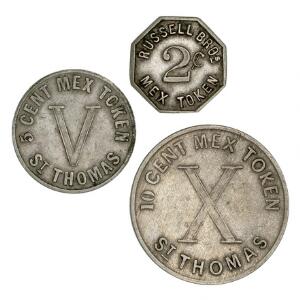 Dansk Vestindien, Russel, Bros, 2 cents 1890, 5, 10 cents 1888, Sieg 43, 46, 48, i alt 3 stk.