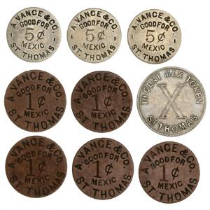 Dansk Vestindien, Russel, Bros, 10 cents 1888, A. Vance  Co, 1 cent u. år 5 stk., 5 cents u. år 3 stk., Sieg 46, 48, 61, 62, i alt 9 stk.