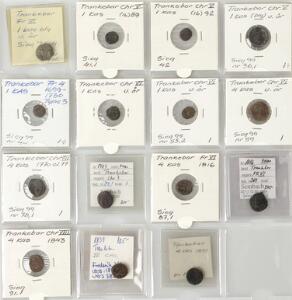 Trankebar, lille samling af 1 og 4 kas mønter fra Frederik III til Christian VIII, i alt 15 stk. i varierende kvalitet