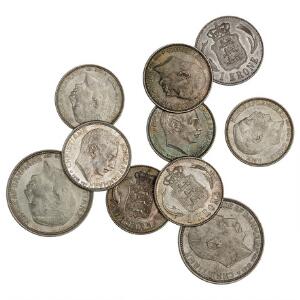 1 kr 1915 6 stk., 1 kr 1916 2, 2 kr 1916 2, H 9, 8, i alt 10 stk. i pæne kvaliteter