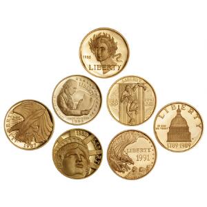 USA, samling af 5 dollar mønter fra 1986, 1987, 1988, 1989, 1991, 1992 og 1993, KM 215, 221, 223, 226, 230, 235, 242, i alt 7 stk. i proof