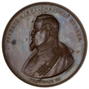 Frederik VII, medaille over Grundlovens 14 årsdag 5. juni 1847-1863, Schmahlfeld, Br., 55 mm, 85,55 g, Bergsøe 262, enkelte pletter