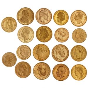 Samling europæiske guldmønter, Tyskland, England, Holland, Belgien, Schweiz, Italien, Østrig, Frankrig, Ungarn, Tjekkoslovakiet, samlet vægt 104 g, i alt 18 stk