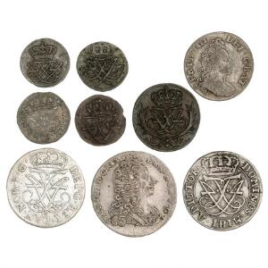Frederik IV, samling af mønter bestående af mønter i forskellig værdi, i alt 9 stk. i varierende kvalitet