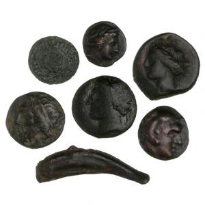 Antikkens Grækenland, lot på 7 kobbermønter inkl. Olbia, delfinmønt Sicilien, Metapuntum, Æ15