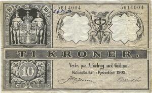 10 kr 1903, nr. 5614004, J. C. L. Jensen  Odenwahn, Sieg 94, Pick 2, blækskrift på forsiden