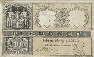 10 kr 1907 B, nr. 7517168, J. C. L. Jensen  , Sieg 95, Pick 7, revner og papirgennembrud
