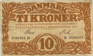 10 kr 1915 B, V. Lange  Recke, Sieg 103, DOP 114, Pick 21