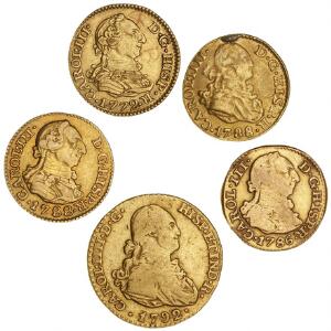 Spanien, Carlos III - Carlos IV, Escudo1 og 12 Escudo4, alle med monteringsspor