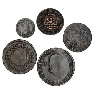 Lille samling på 11 ældre, udenlandske mønter inkl. Schweiz, Batzen 1722 Bøhmen, Pragergroschen Filippinerne, 14 Real 18. århundrede Rusland, 5 Kopek 1758.