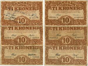 10 kr 1915 B blækskrift, 1919 E, 1921 G, 1923 I, 1925 K, 1925 L, Sieg 103, DOP 114, Pick 21, i alt 6 stk.