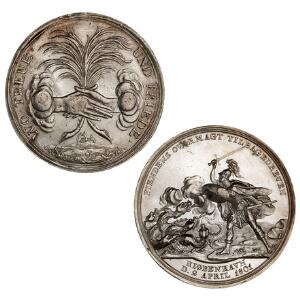 Medaille, Fiendens Overmagt Tilbagedreven, 2. april 1801, Loos, Ag, 39 mm, 19 g, Bgs. 32, Sommer A 116, samt tysk religiøs Ag medaille