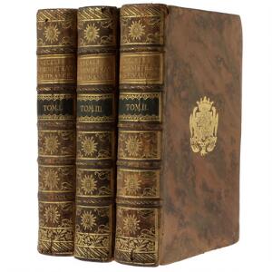 Necker De ladministration des finances de la France. 3 vols. 1784. Bound in cont. full calf with gilt super ex-libris on front boards. 3