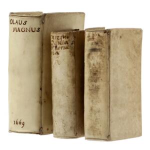 Olaus Magnus Gentium septentrionalium historiae breviarium. Amsterdam 1669. 12mo. Bound in cont. full vellum.  2 vols. 3