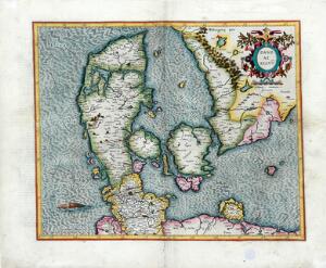 Gerard Mercator, Hendrick Hondius Handcoloured engraved map entitled Daniae Regnu. [Germany 1630s]. German text on verso.
