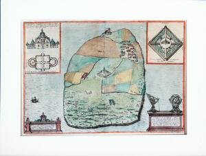 Braun  Hogenberg, Tycho Brahe Engraved and handcoloured map Topographia Insulæ Huenæ in celebri porthmo Regni Daniæ, quem Vulgo Oersunt uocant.