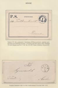 1868-1899. Udstillingsplanche med tjenestebrev fra Rønne til Aaker 11.6.1868 og ufrankeret postkort Postsag fra Simrishamn 8.8.1899 til Rønne. Flotte
