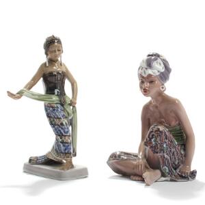 Jens Peter Dahl-Jensen Bali pige og Javanesisk danser. To figurer af porcelæn dekoreret i farver. Dahl-Jensen, nr. 1136 og 1114. H. 22 og 24. 2