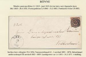 1853. 4 RBS Thiele II, sortbrun. Plade I, nr. 2. Lille brev fra RØNNE 19.6.1854 til København. Attest Møller