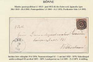 1853. 4 RBS Thiele II, sortbrun. Plade I, nr. 2. Lille brev fra RØNNE 19.6.1854 til København. Attest Møller