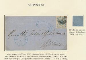 1864. 2 sk. blå, single på brev dateret RØNNE 20. August 1868, sendt med skib til København og udbragt med fodposten  23.8.68