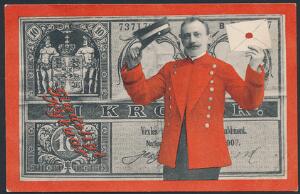 Pengekort. Postbud med pengeseddel. Meget smukt kort, 1911