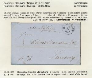 1857. Brev fra Haderslev til Laurvig, Norge 12.11.1857. Påtegnet VIA NYBORG. Takst 816 incl. 8 skilling søporto. Godt brev