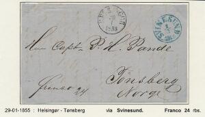 1855. Brev fra Helsingør 29.1.1855 til Tønsberg, Norge. Sendt via SVINESUND 1.2.1855. Flot brev