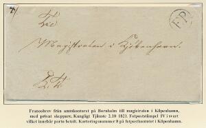 1821. Brev fra Amtskontoret på Bornholm 2.10.1821, sendt til København hvor det er stemplet med cirkelstempel F.P. og udbrugt med fodposten. Pragtkvalitet