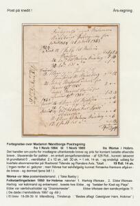 1865. Fortegnelse over Madamm Wandborgs Postregning fra 1.Novb. 1864 til 1 Novb. 1865 fra Worsø i Hobro. I alt 19 Rdl. og 14 sk. Monteret på udstillingsplanch